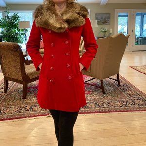 Vintage red wool coat with fur trim